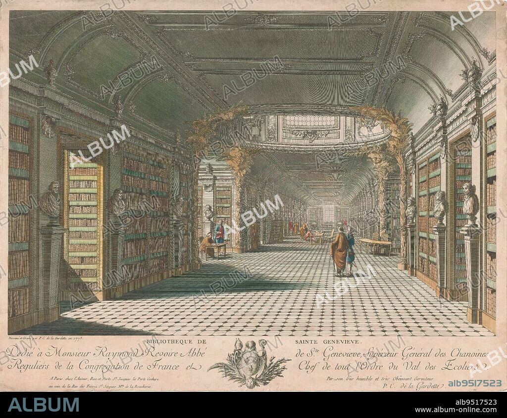 Library of the Abbey of Sainte-Geneviève in Paris, Bibliotheque de Sainte Genevieve (title on object), Interior of the library with busts on columns between the bookcases. In the ceiling there is a skylight, supported by decorated pillars with putti. At the end of the room are two globes. Below the image is the coat of arms of Raymond Revoire, abbot of the monastery., print maker: Pierre Claude Delagardette, (mentioned on object), after drawing by: Pierre Claude Delagardette, (mentioned on object), publisher: Pierre Claude Delagardette, (mentioned on object), Paris, 1773, paper, etching, engraving, height 365 mm × width 472 mm.
