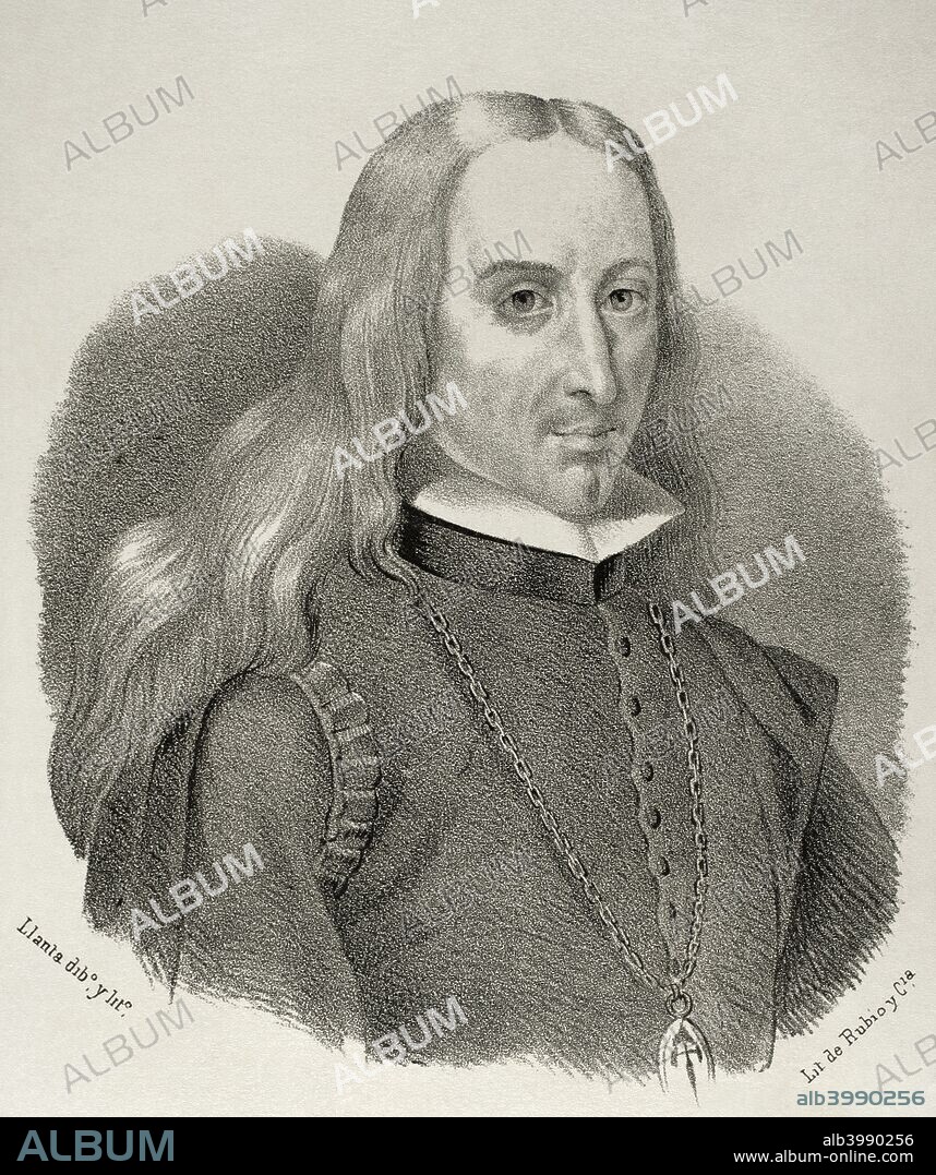 Jose Pellicer de Ossau y Tovar (1602-1679). Spanish poet, philologist  and historian of Castile and Aragon. Lithography. Cronica General de Espa–a, Historia Ilustrada y Descriptiva de sus Provincias. Catalonia. 1866.