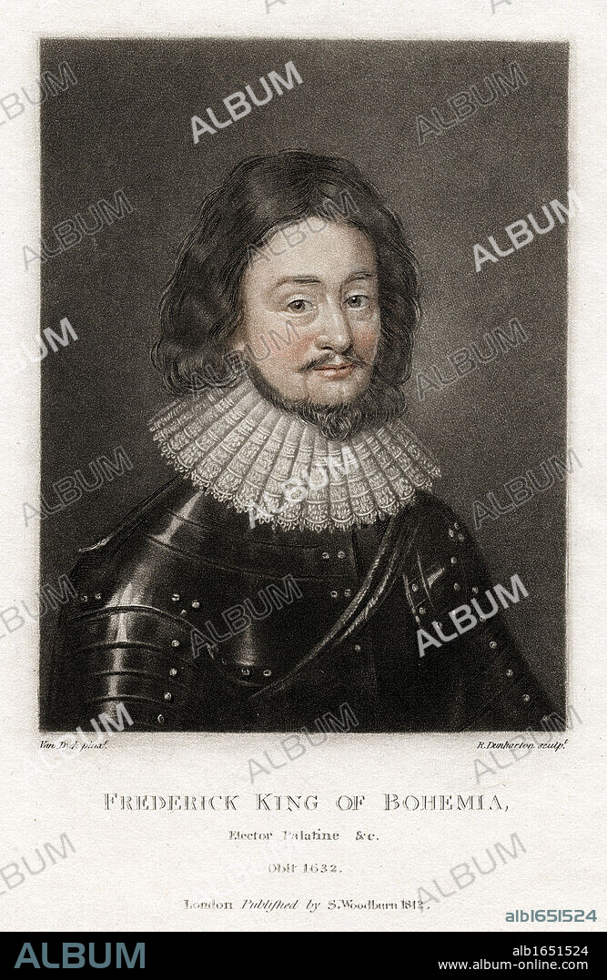 Frederick V (1596-1632) Elector Palatine 1610-1623, King of Bohemia 1619-1620 known as The Winter King.  Married Elizabeth, daughter of James I of Great  Britain and VI of Scotland.  Accepted the throne of Protestant Bohemia but was defeated in November 1620  at the Battle of the White Mountain by the Roman Catholic forces of the Holy Roman Emperor and spent the rest of his life in exile. Lithograph after Van Dyck.