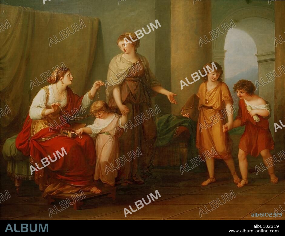 Cornelia, Tochter des Scipio Africanus Maior, Gattin des Tiberius Sempronius Gracchus, Mutter des Tiberius und Gaius Gracchus, 2.Jh.v.Chr.-"Cornelia, die Mutter der Gracchen".-Gemälde, 1785, von Angelika Kauffmann (1741-1807). Öl auf Leinwand, 100,5 x 128 cm. Inv.Nr. G 2405.