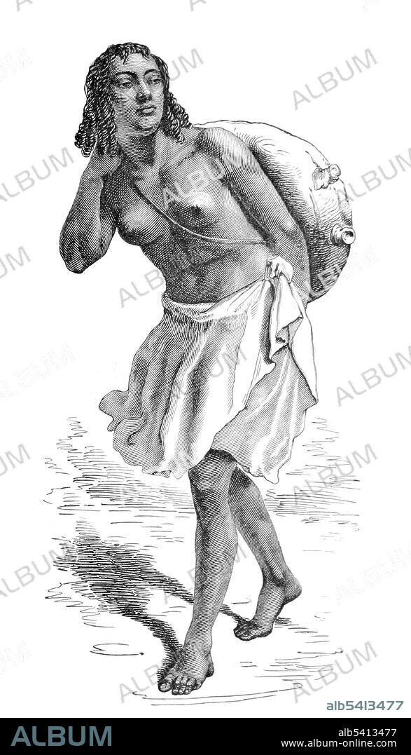 Monkoullo village water carrier. The Ethiopian Empire, also known as Abyssinia, was a kingdom that spanned a geographical area in the current states of Eritrea and Ethiopia. Water carrier was a profession that existed before the advent of centralized water supply systems. A water carrier collected water from a source and transported or carried containers with water to people's homes. After the construction of pipe networks, the profession of water carrier became unnecessary and disappeared. Africa illustrated by William. R. Smith; illustrated by the most eminent artists, 1889  (cropped and cleaned).