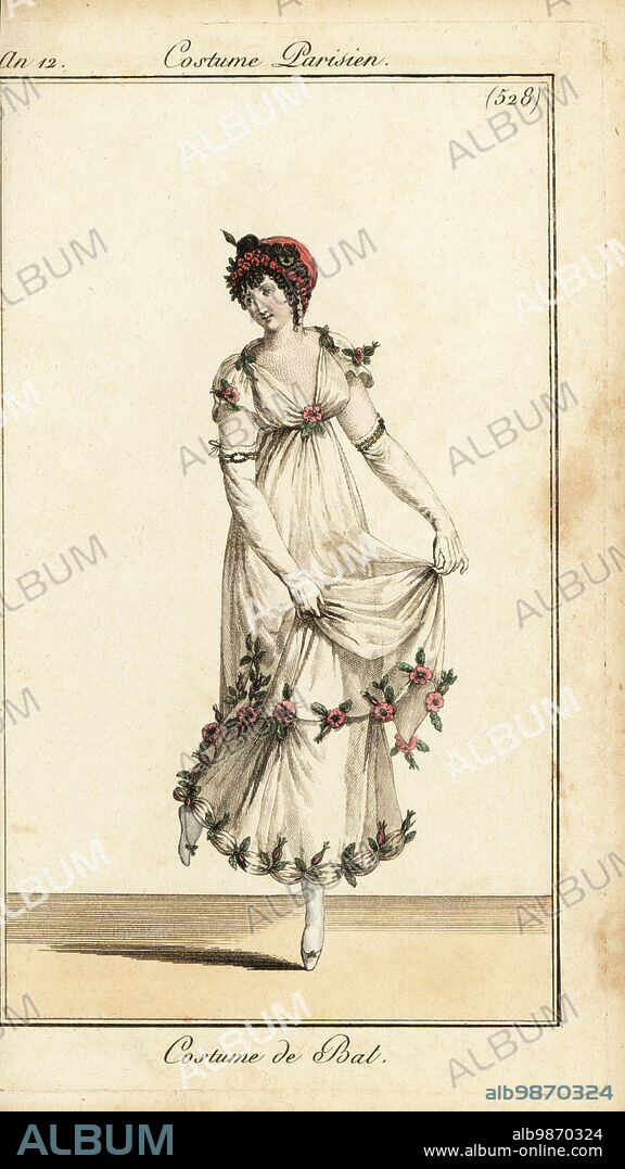 Woman lifting her skirts to dance at a ball. Her ball gown is hemmed with buds and flowers. She wears a velvet cap with garland and diadem. Costume de Bal. Handcoloured copperplate engraving from Pierre de la Mesangeres Journal des Dames et des Modes, Magazine of Women and Fashion, Paris, An 12, January 1804. Illustrations by Carle Vernet, Jean-Francois Bosio, Dominique Bosio and Philibert Louis Debucourt, engraved by Pierre-Charles Baquoy.