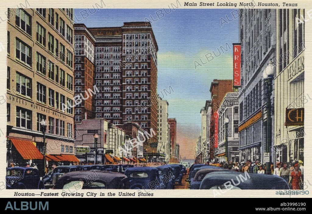 Main Street, Houston, Texas USA, 1940. Vintage postcard showing the view looking north on a bustling Main Street in Houston.