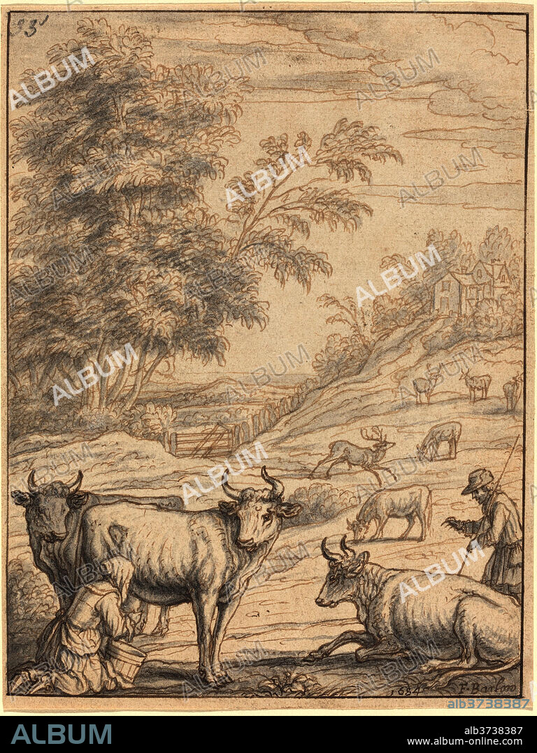 FRANCIS BARLOW. A Meadow with Cattle and Deer. Dated: 1684. Dimensions: overall: 15.7 x 11.9 cm (6 3/16 x 4 11/16 in.). Medium: pen and brown ink with gray wash on laid paper.