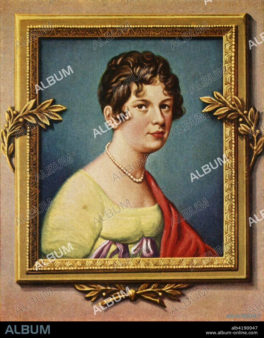 'Madame De Lefebvre', (1933). Portrait of Catherine Hübscher (1753-1835). maréchale Lefebvre and duchesse de Dantzig by her marriage to François Joseph Lefebvre. After a miniature by Jean-Baptiste Augustin. From "Gestalten Der Weltgeschichte", a book of cigarette-card portrait miniatures of figures in world history from the last four hundred years. [Germany, 1933].