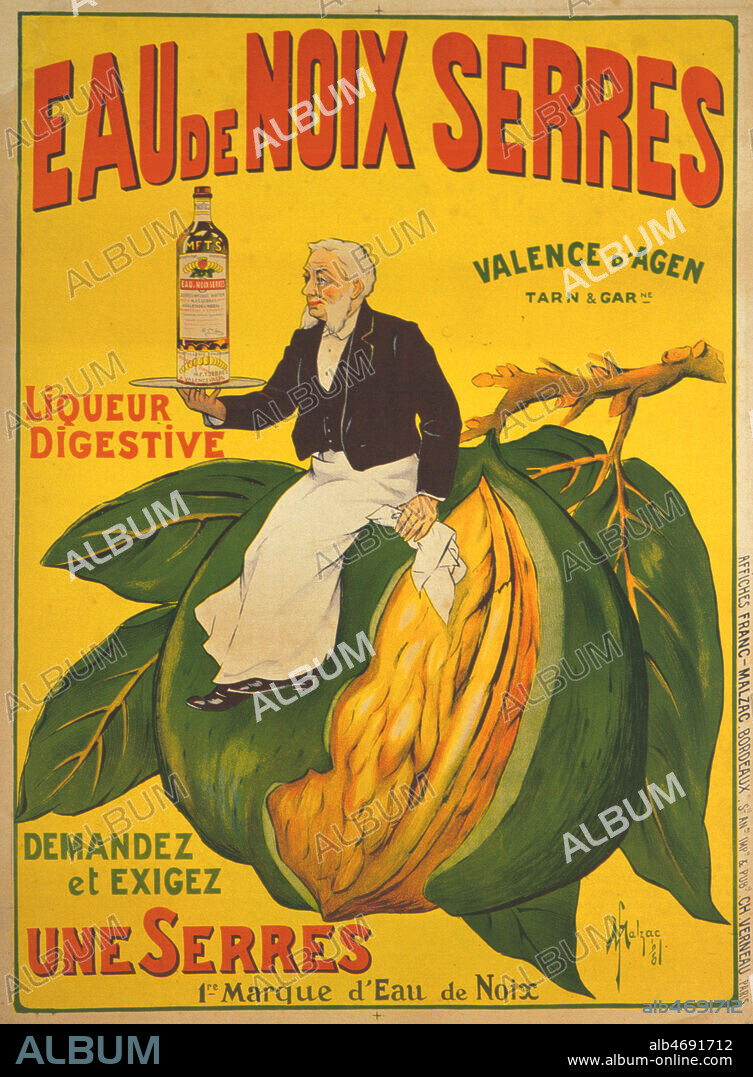 Homme assis sur une noix geante. Affiche publicitaire pour l'eau de noix Serres illustree par MALZAC en 1910. Credit : Coll. Perrin/KHARBINE-TAPABOR.