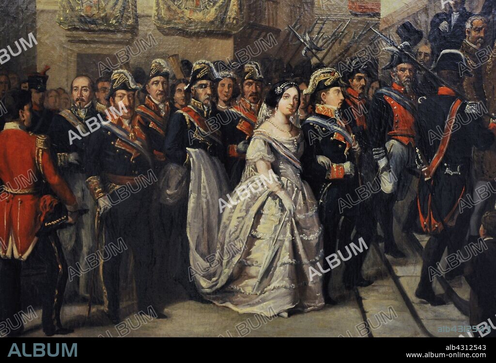 Isabella II (1830-1904). Spanish Queen. Queen Isabella II and her husband visiting the Maundy Thursday Monument at the Church of Santa Maria, 1855 (Madrid, Spain). Painting by Ramon Soldevila y Trepat (1828-1873). Detail. History Museum. Madrid. Spain.