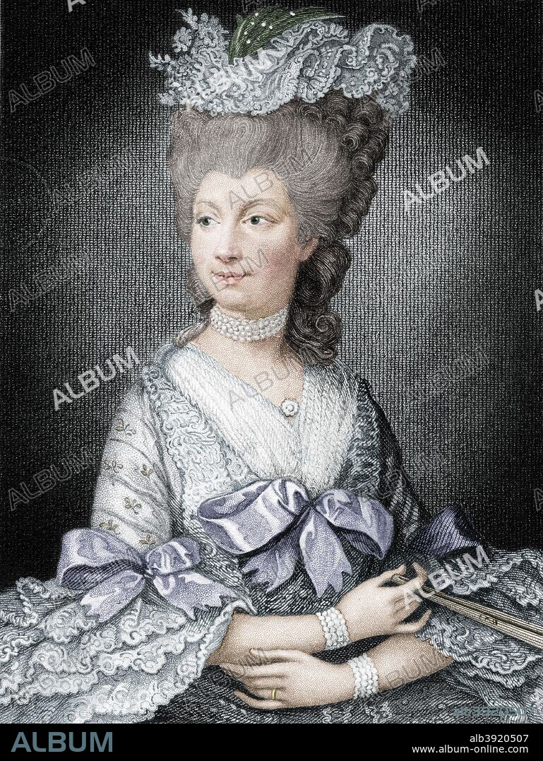 Queen Charlotte, queen consort of George III, (19th century). Portrait of Charlotte (1744-1818), who was the wife of George III of the United Kingdom (1738-1820). She was the grandmother of Queen Victoria, and the great-great-great-great grandmother of Queen Elizabeth II. (Colorised black and white print).