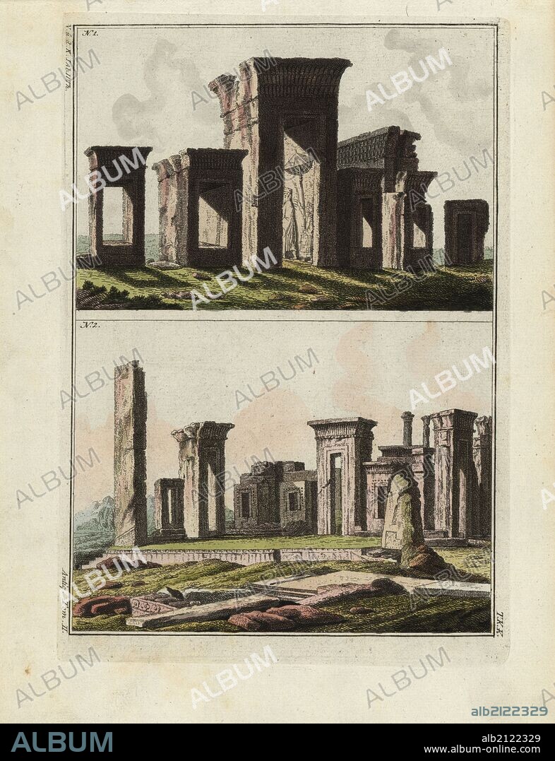 Gates and figures on walls at Persepolis, capital of Achaemenid Persia. Handcoloured copperplate engraving from Robert von Spalart's "Historical Picture of the Costumes of the Principal People of Antiquity and of the Middle Ages," Chez Collignon, Metz, 1810.
