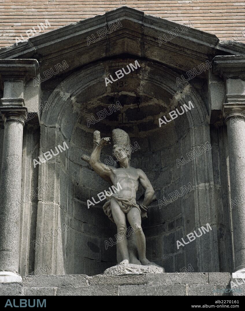 Saint Sebastian (c. 256-288 AD). Early Christian saint and martyr. Martyrdom of Saint Sebastian, shot by arrows in a pillar. Niche of Saint Sebastian church. Madrid, Spain.