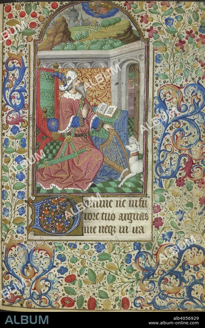 FOLLOWER OF THE MASTER OF THE MUNICH GOLDEN LEGEND. David penitent. Book of Hours. France [Paris]; circa 1460. [Whole folio] Penitential Psalms. King David with his harp and greyhound, is blessed by God. Psalm 6, beginning with decorated initial 'D'. Borders of foliate decoration  Image taken from Book of Hours.  Originally published/produced in France [Paris]; circa 1460. . Source: Harley 5762, f.88. Language: Latin.