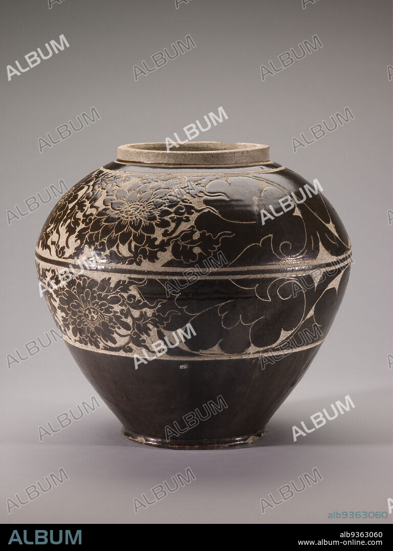 Jar with Design of Scrolling Lotuses and Peonies, Chinese, Jin dynasty, 11151234, or Yuan dynasty, 12791368, 12th14th century, Cizhou ware; stoneware with dark brown glaze and sgraffito decoration, Made in Shanxi province, China, Asia, Ceramics, containers, 13 1/16 x 14 1/16 in. (33.2 x 35.7 cm).