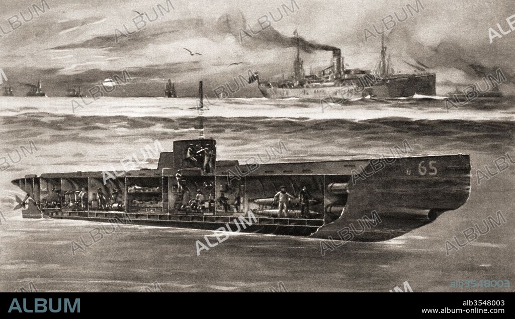 A German drawing of a submerged German submarine in British waters during World War One. The number 65 is noteworthy as indicating either Germany's actual strength in submarines at the time or the strength she wished the world to believe she possessed. From The Illustrated War News, published 1915.