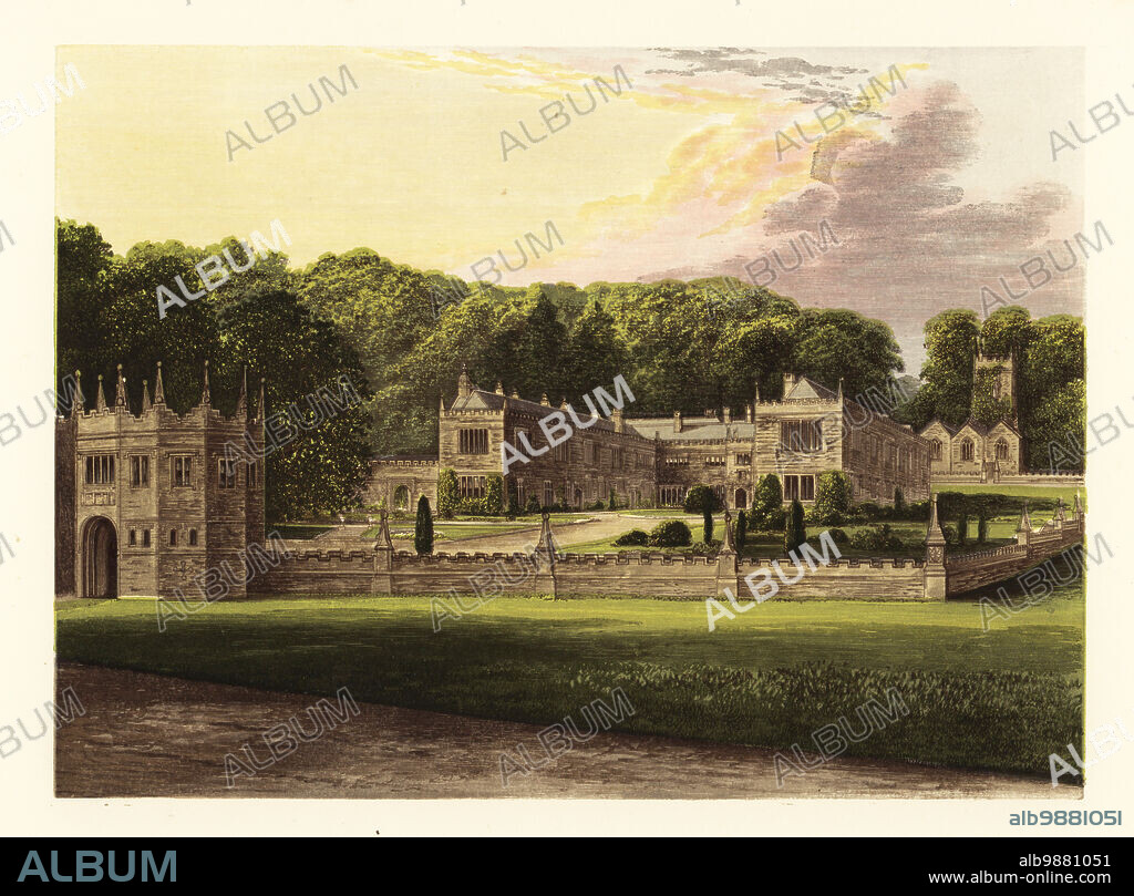 Lanhydrock House, Cornwall, England. Old manor house renovated in Gothic castellated style in the Victorian era by Thomas James Agar-Robartes, 1st Baron Robartes. Colour woodblock by Benjamin Fawcett in the Baxter process of an illustration by Alexander Francis Lydon from Reverend Francis Orpen Morriss A Series of Picturesque Views of the Seats of Noblemen and Gentlemen of Great Britain and Ireland, William Mackenzie, London, 1880.