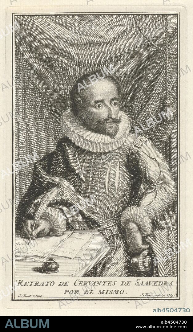 Portrait of Miguel de Cervantes de Saavedra, Half-length portrait of the Spanish writer Miguel de Cervantes de Saavedra. The writer is already writing on a sheet of paper behind his desk. In the margin are two lines of text in Spanish., Miguel de Cervantes Saavedra, Jacob Folkema (mentioned on object), 1702 - 1767, paper, etching, h 143 mm × w 85 mm.