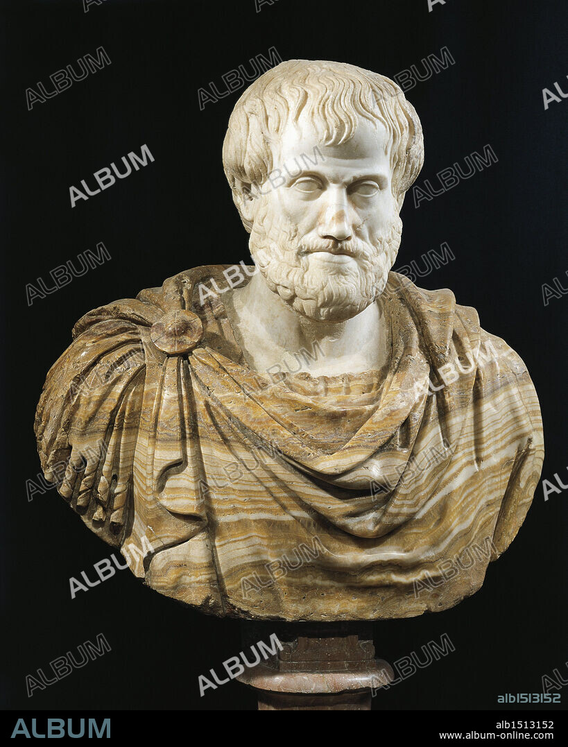 Roman civilization, 1st century A.D. Marble head of Aristotle (alabaster bust is modern). Copy of a Greek bronze original by Lysippus, 4th century b.C.