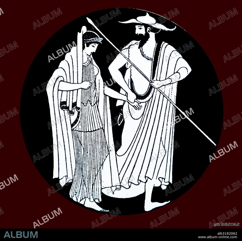 Greek vase painting representing Menelaus leading his wife Helen, the cause of the Trojan War, back to Sparta.