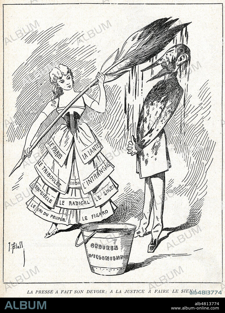La presse a fait son devoir; a la justice de faire le sien!. (Daniel WILSON, le gendre du president Jules GREVY couvert d'encre apres les articles sur l'Affaire des Decorations). Caricature de J.BLASS (1847-1892) pour la revue satirique royaliste Le Triboulet du 20 novembre 1887. Credit : Collection Kharbine-Tapabor.