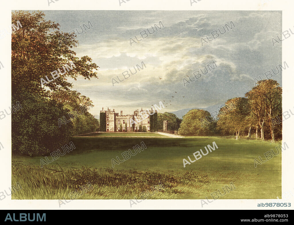 Chillingham Castle, Northumberland, England. Medieval castle castellated in the 14th century, rebuilt in the Elizabethen era, grounds landscaped by Sir Jeffry Wyattville in the 18th century. Owner Charles Bennet, 3rd Earl of Tankerville, was associated with plantations in Antigua. Colour woodblock by Benjamin Fawcett in the Baxter process of an illustration by Alexander Francis Lydon from Reverend Francis Orpen Morriss Picturesque Views of the Seats of Noblemen and Gentlemen of Great Britain and Ireland, William Mackenzie, London, 1880.