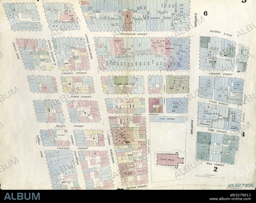 Plate 3: Map bounded by Dey Street, Broadway, Maiden Lane, Nassau Street, Wall Street, Broadway, Rector Street, West Street. 1857, 1862, Perris and Browne, New York, USA.