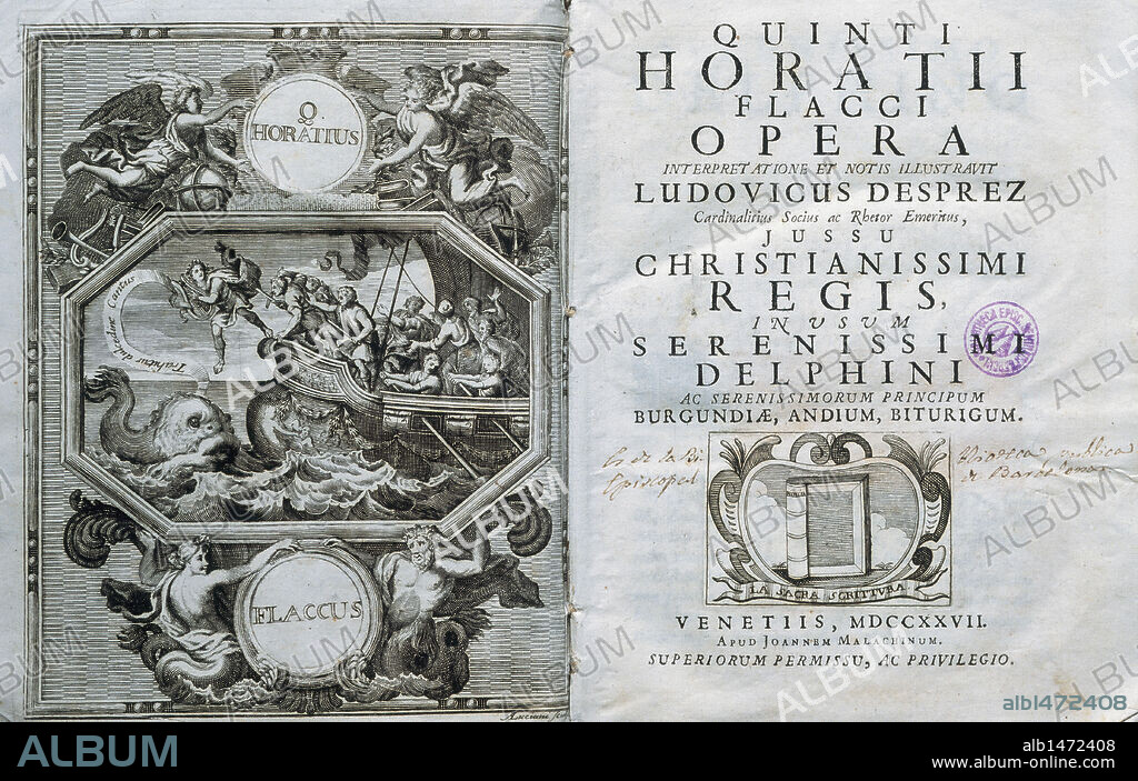 QUINTO HORACIO FLACO (65 aC-8 aC). Poeta latino. S. I aC. "OPERA". Frontispicio edición en latín. Venecia, año 1727. S. XVIII.