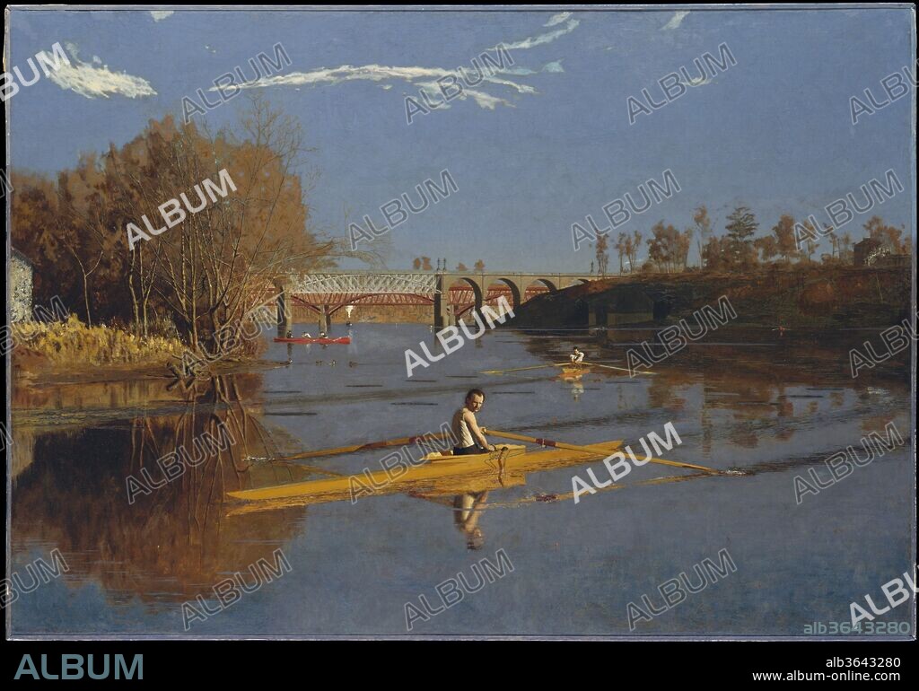 The Champion Single Sculls (Max Schmitt in a Single Scull). Artist: Thomas Eakins (American, Philadelphia, Pennsylvania 1844-1916 Philadelphia, Pennsylvania). Dimensions: 32 1/4 x 46 1/4 in. (81.9 x 117.5 cm). Date: 1871.
Returning to Philadelphia from Europe in 1870, Eakins began a series of representations of the sport of sculling, a subject for which he is uniquely identified. This is the first major work in that series of paintings and watercolors. It is believed to commemorate the victory of Max Schmitt (1843-1900), an attorney and skilled amateur rower, in an important race on the Schuylkill River in October 1870. Also an avid rower, Eakins depicted himself pulling the oars of a scull in the middle distance.