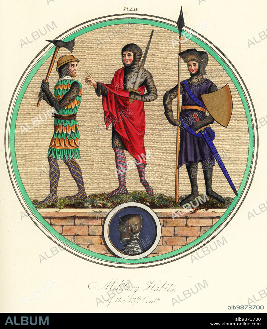 Military habits of the 13th century. Soldiers in chainmail armour hauberk with mantle and sword and soldier in surcoat and axe from Bodleian Library MS Auct. D 4 17, f.005v. Soldier in helmet, chainmail armour and surcoat with sword, shield and lance from Speculum humanae salvationis, Sloane MS 346. Handcoloured engraving by Joseph Strutt from his Complete View of the Dress and Habits of the People of England, Henry Bohn, London, 1842.