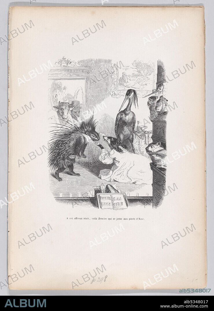 JEAN IGNACE ISIDORE GERARD. At this frightful story, Zemire throws himself at Azor's feet from Scenes from the Private and Public Life of Animals, ca. 1837-47.