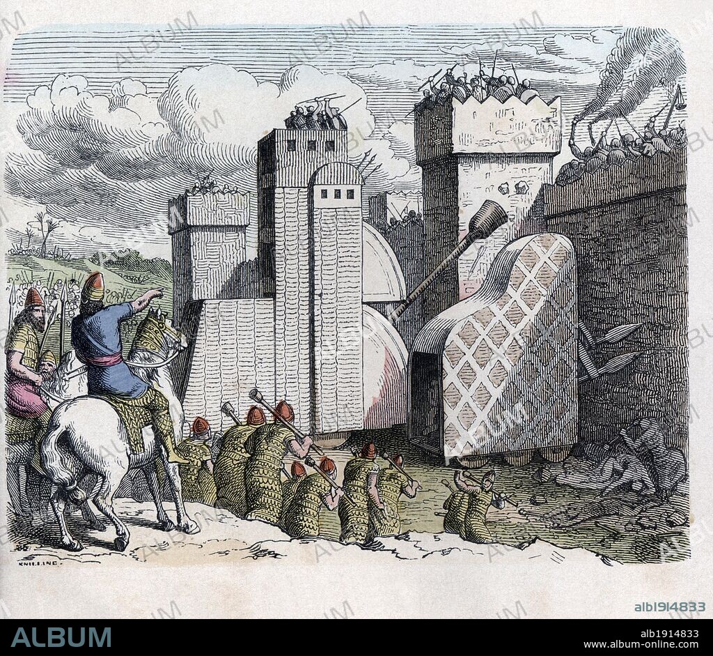 Historia Antigua. Asiria. Asedio a una ciudad. Grabado alemán de 1862.