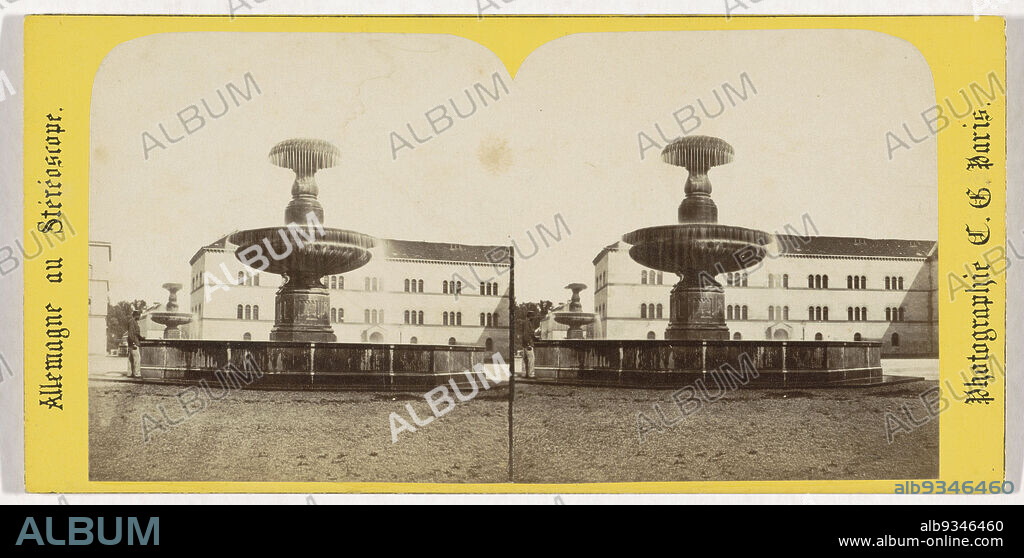 Östlicher Schalenbrunnen in front of the main building of the Ludwig Maximilians-University in Munich, Germany, Munich (Bavière), Fontaine, place de l'universtité (title on object), Allemagne au stéréoscope (series title on object), Charles Gaudin (mentioned on object), Friedrich von Gärtner, München, 1868, cardboard, paper, albumen print, height 85 mm × width 175 mm.