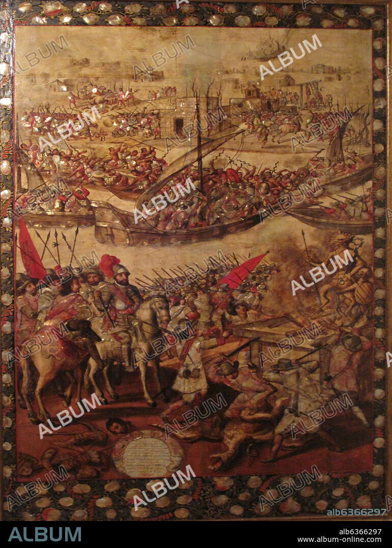ANONYMOUS. CONQUISTA DE MEXICO - 1676-1700 - ESCUELA MEXICANA - VIRREINATO DE NUEVA ESPAÑA - TABLA/OLEO/NACAR - 205x121 cm.
