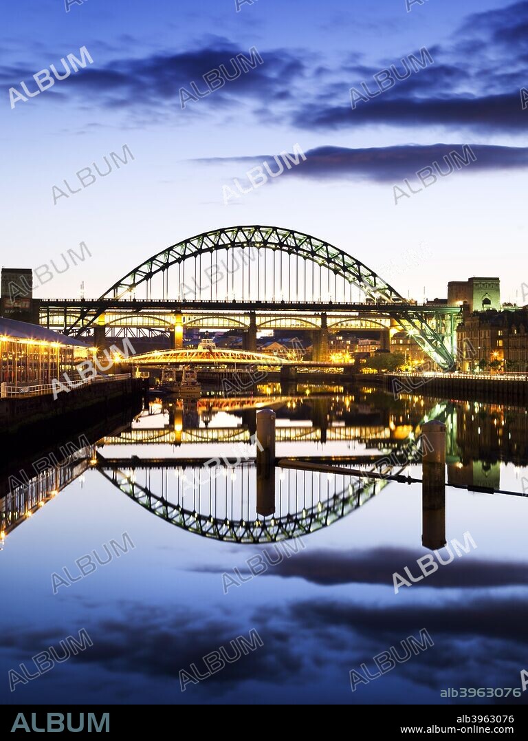 Bridges over the River Tyne, Newcastle upon Tyne, 2008. Twilight view upriver towards the Swing Bridge, High Level Bridge and Tyne Bridge.