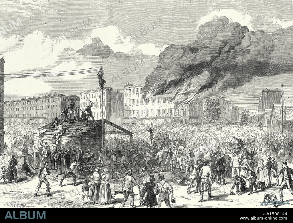 The Riots In New York: The Mob Burning The Provost Marshal's Office, 8 August, 1863.