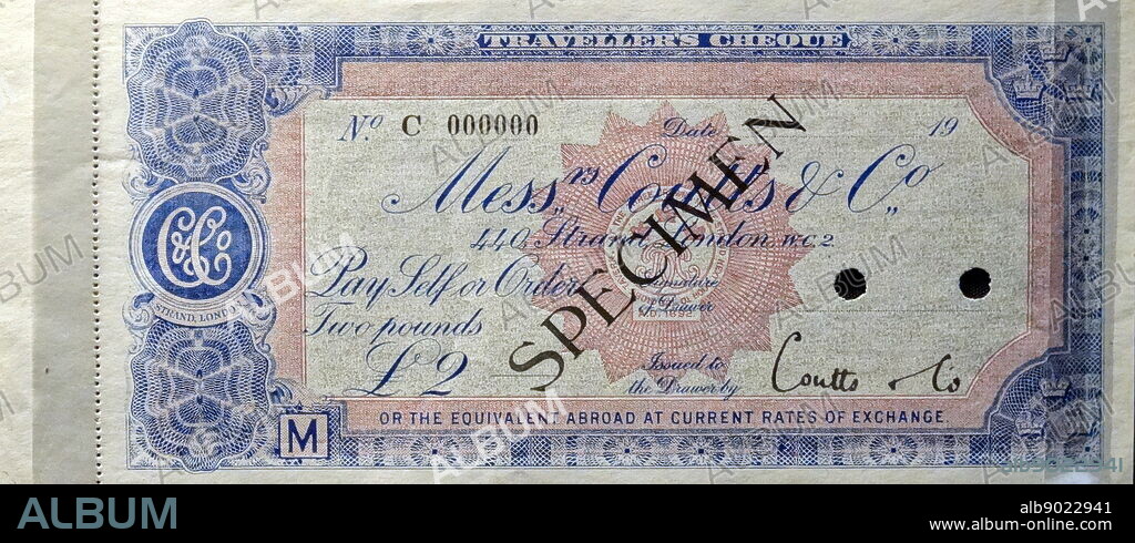 Coutts & Co, travellers cheque, London, 1970s. Langmead collection. Coutts & Co. is a London-headquartered private bank and wealth manager. Founded in 1692, it is the eighth oldest bank in the world.