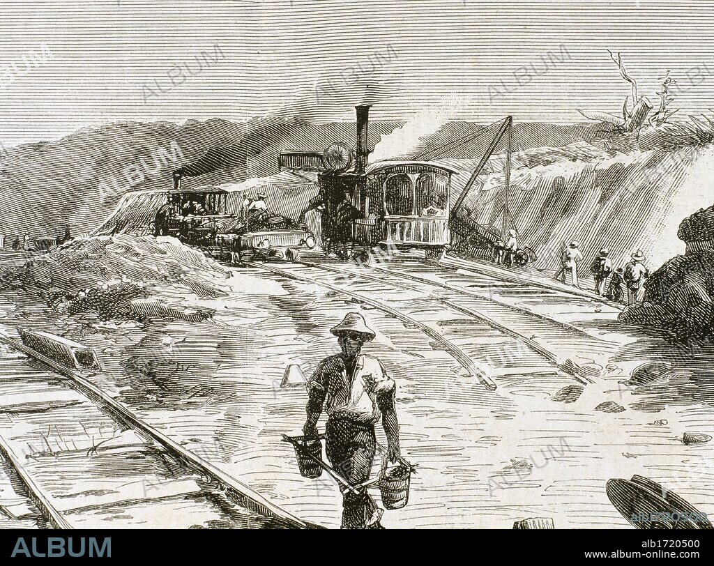 Construction of Panama Canal, executed by the company of Ferdinand-Marie de Lesseps (1805-1894). Engraving, 1886.