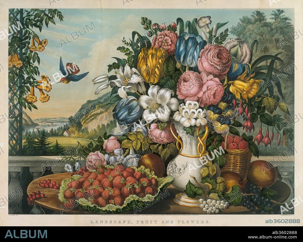 Landscape - Fruit and Flowers. Artist: Frances Flora Bond Palmer (American (born England), Leicester 1812-1876 New York). Dimensions: image: 19 13/16 x 27 1/2 in. (50.4 x 69.8 cm). Publisher: Lithographed and published by Currier & Ives (American, active New York, 1857-1907). Date: 1862.