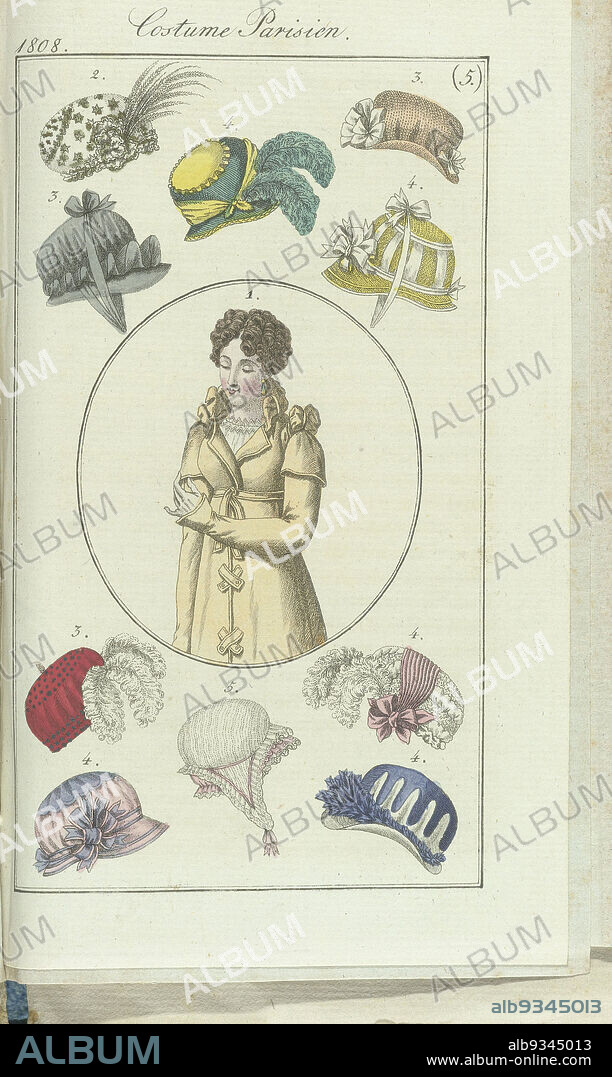 Journal des Dames et des Modes, Frankfurt edition 1 Février 1808, Costume Parisien (5), Female figure in oval around which are ten models of hats. The accompanying text ( p. 126) states: Fig. 1: Curly hair. Earrings and palmier agathisé. Redingote of cloth with cuffs of satin. Fig. 2: Toque of levantine, with small metal plates. Fig. 3: Hats and toques of velvet. Fig. 4: Hats and toques of velvet and satin. Fig. 5: Cornette of 'gaze filet'. The print is part of the fashion magazine Journal des Dames et des Modes, published in Frankfurt as a copy of the French edition by Pierre de la Mésangère, (1798-1848)., print maker: anonymous, publisher: J.P. Lemaire, Frankfurt am Main, 1808, paper, engraving, height 188 mm × width 115 mm.