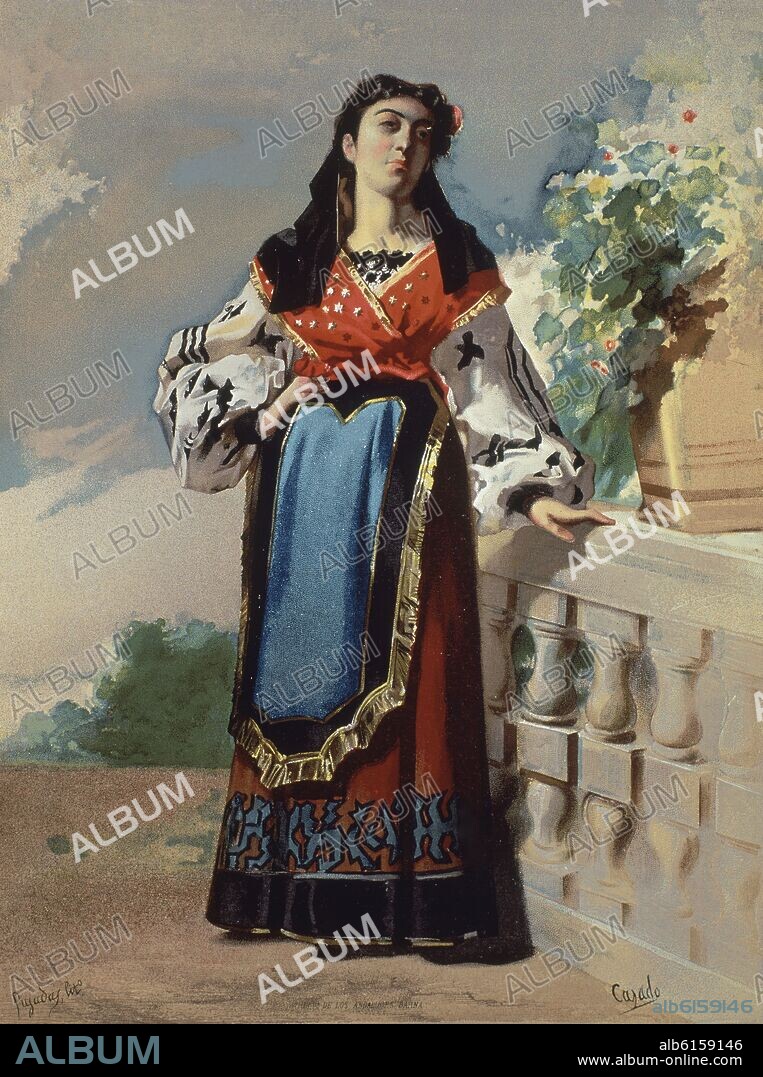 RUFINO CASADO. COLECCION MUJERES ESPAÑOLAS PORTUGUESAS Y AMERICANAS - MUJER CHARRA (PROVINCIA DE SALAMANCA) - SIGLO XIX - CROMOLITOGRAFIA.