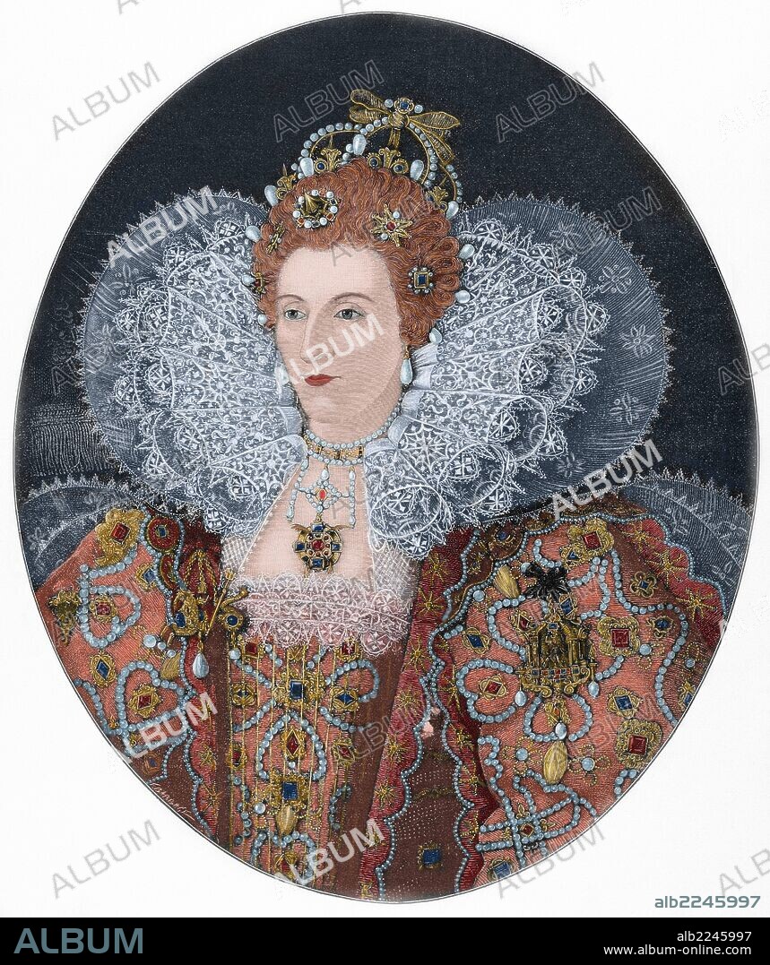 ISABEL I (Greenwich,1533-Richmond,1603). Reina de Inglaterra e Irlanda (1558-1603). Gobernó con autoridad. Restableció el anglicanismo e hizo decapitar a María Estuardo. Se relacionó con los Estados protestantes y luchó contra España. Fue la última de la dinastía Tudor. Grabado por F. Babbage. "La Ilustración Ibérica", año 1888. Coloreado.