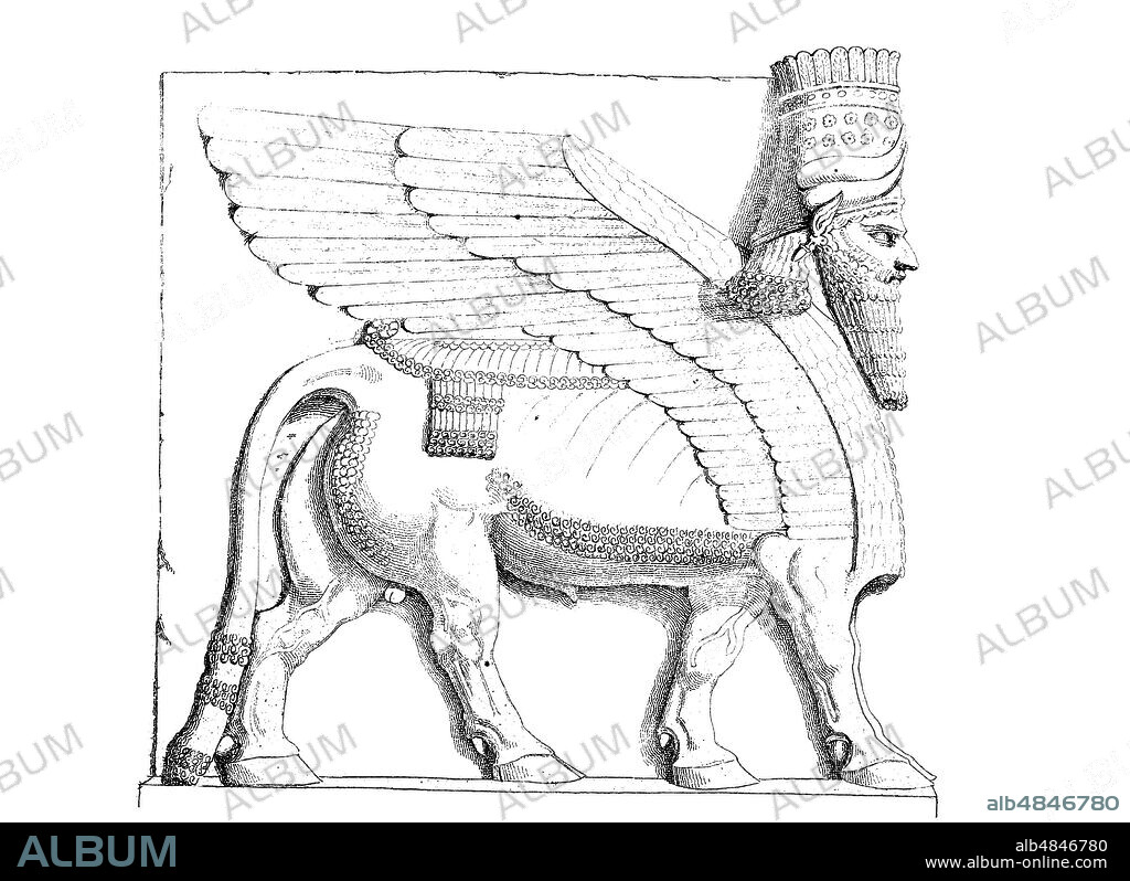 A human-headed winged bull known as a lamassu from Dur-Sharrukin. Neo-Assyrian Period, ca. 721–705 BC, relief on the portal of Khorsabad, the Assyrian capital in the time of Sargon II of Assyria, Mesopotamia, Iraq, digital improved reproduction of an original print from the year 1881.
