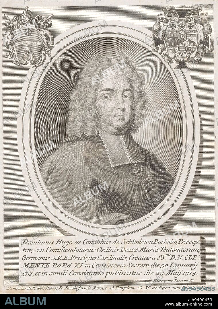 Portrait of Cardinal Damian Hugo Philipp von Schnborn, print maker: Girolamo Rossi (II), (mentioned on object), publisher: Domenico de'Rossi, (mentioned on object), Pauselijk hof, (mentioned on object), print maker: Rome, publisher: Rome, Vaticaanstad, 1715 - 1762, paper, engraving, h 214 mm - w 165 mm.
