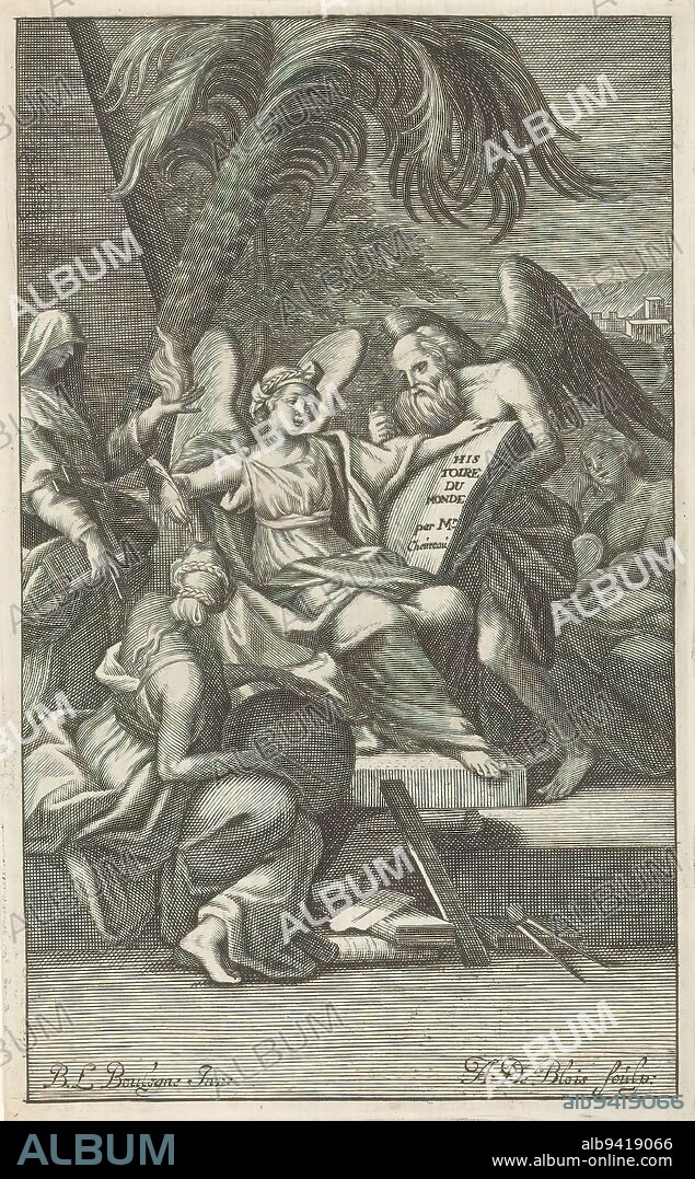 Allegory of history, Title page for: Urbain Chevreau, Histoire du monde, s.a., A winged allegorical figure, possibly History, writes in a book held by Father Time. Faith, Geometry and Prudentia surround the pair. In the background a pyramid and palm tree., print maker: Abraham de Blois, (mentioned on object), after design by: B.L. Boulogne, (mentioned on object), 1686 - 1717, paper, engraving.