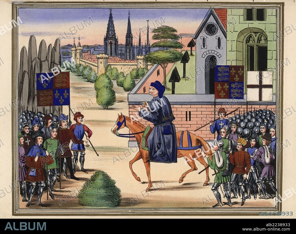 John Ball, Lollard priest, on horseback, encouraging Wat Tyler (far left) and his rebels during the Peasants' Revolt of 1381. Banners of England and St. George. Handcoloured lithograph after an illuminated manuscript from Sir John Froissart's "Chronicles of England, France, Spain and the Adjoining Countries, from the Latter Part of the Reign of Edward II to the Coronation of Henry IV," George Routledge, London, 1868.