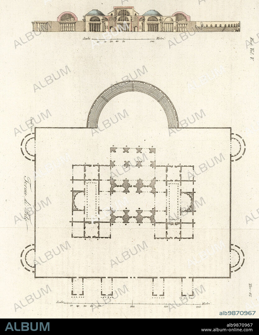 Plan and elevation of the Baths of Titus, Rome. Thermae Titi, public baths built by Emperor Titus. Terme di Tito. Handcoloured copperplate engraving by Corsi from Giulio Ferrarios Costumes Ancient and Modern of the Peoples of the World, Il Costume Antico e Moderno, Florence, 1843.
