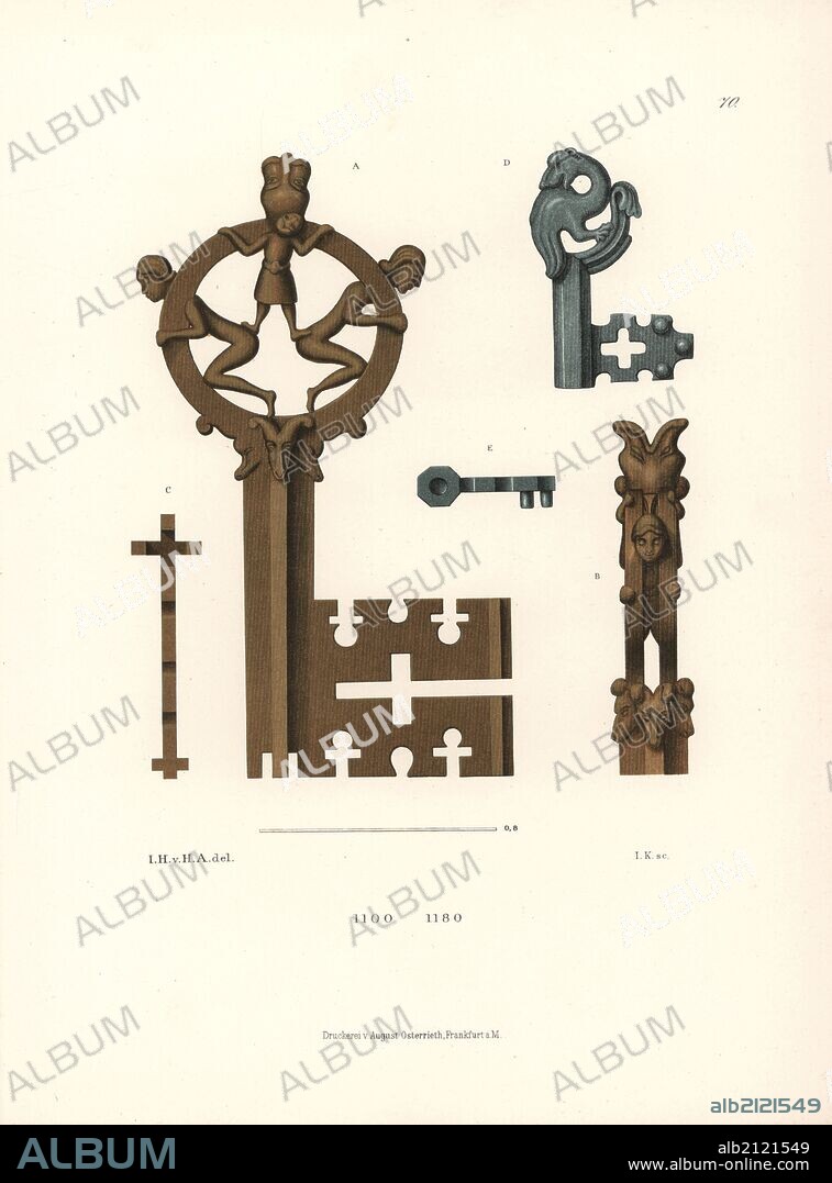 Byzantine style keys in bronze from the 12th century. The large key is from St. Elizabeth's church in Marburg, the small key from the ruins of Memleben Abbey. Chromolithograph from Hefner-Alteneck's "Costumes, Artworks and Appliances from the Middle Ages to the 17th Century," Frankfurt, 1879. Illustration by Dr. Jakob Heinrich von Hefner-Alteneck, lithographed by Joh. Klipphahn, and published by Heinrich Keller. Hefner-Alteneck (1811 - 1903) was a German museum curator, archaeologist, art historian, illustrator and etcher.