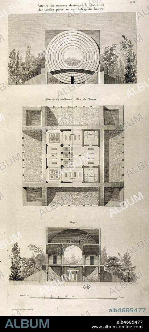 Ateliers des ouvriers destines a la fabrication des cercles. Plans realises par l'architecte Claude Nicolas LEDOUX (1736-1806) (18e, 18eme, XVIIIe s.). Credit : JEAN VIGNE / KHARBINE-TAPABOR.