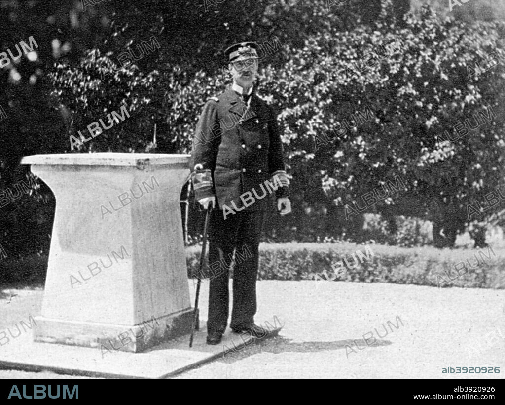 King George I of Greece (1845-1913) in his garden at Athens, 1908. George was the second son of King Christian IX of Denmark, and thus a brother of Queen Alexandra. He was chosen as King of the Hellenes by the Greek Assembly in 1863 after the deposition of King Otto. From Queen Alexandra's Christmas Gift Book, Photographs from My Camera, by Queen Alexandra, published by The Daily Telegraph (London, 1908).