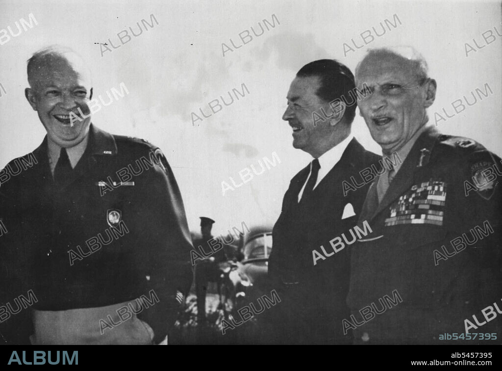 Lord Alexander Visits S.H.A.P.E. -- Field Marshal Earl Alexander (center), British Minister of Defence, is seen with General Dwight Eisenhower (left, laughing) and the General's deputy, field Marshal Lord Montgomery at Eisenhower's headquarters near Paris today, April 15.Lord Alexander flew form London to Paris today to spend the day at the supreme headquarters, allied powers in Europe, with General Eisenhower. April 15, 1952. (Photo by Associated Press Photo).