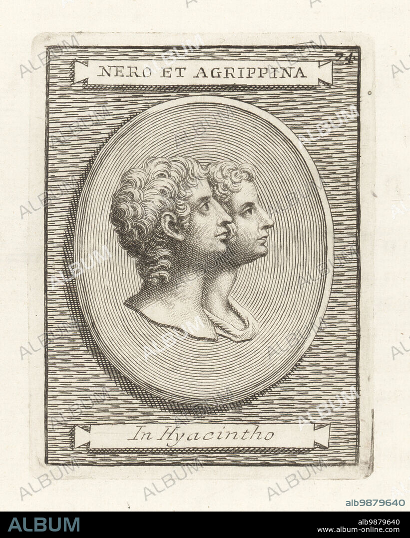 Roman Emperor Nero 37-68, and his mother Agrippina the Younger, 15-59. Engraved gem in jacinth. Nero et Agrippina in Hyacintho. Copperplate engraving from Francesco Valesio, Antonio Gori and Ridolfino Venutis Academia Etrusca, Museum Cortonense in quo Vetera Monumenta, (Etruscan Academy or Museum of Cortona), Faustus Amideus, Rome, 1750.