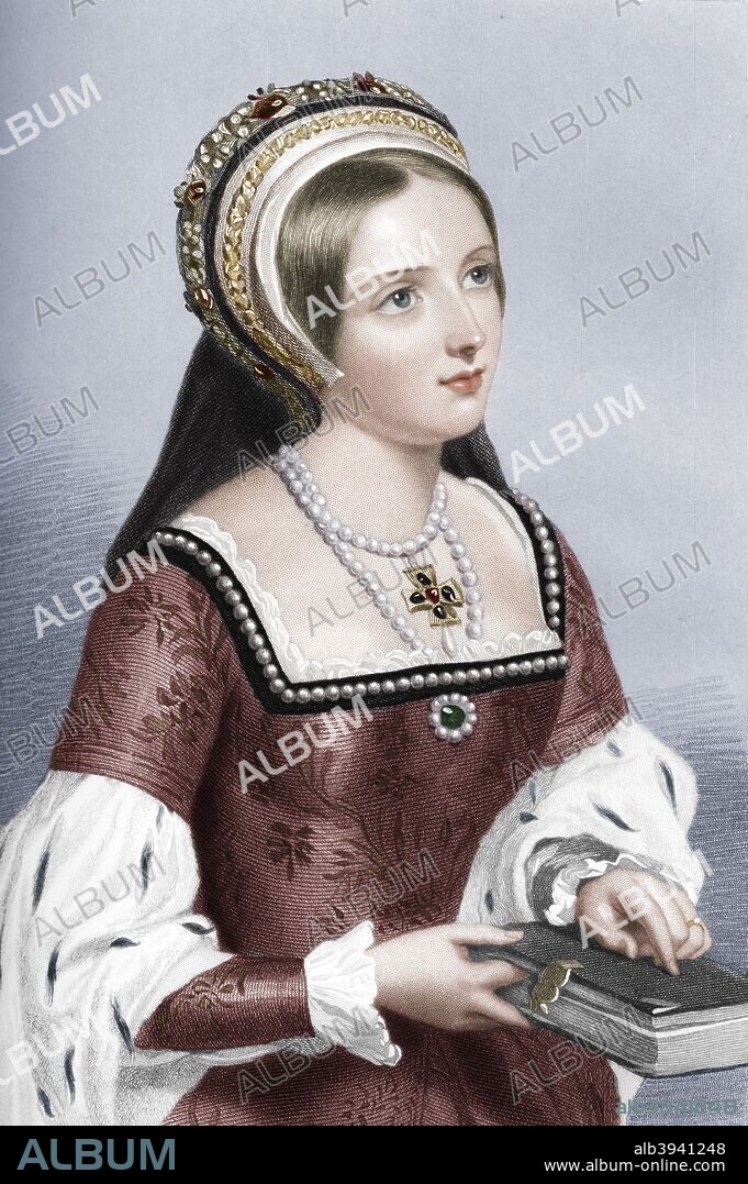 Catherine Parr (1512-1548), the sixth wife of King Henry VIII, 1851. From Biographical Sketches of the Queens of Great Britain, from the Norman Conquest to the Reign of Victoria, or Royal Book of Beauty, edited by Mary Howitt, Henry G Bohn, London, 1851. (Colorised black and white print).